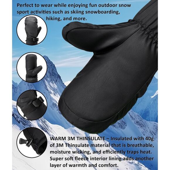 Alpine Swiss Mens Waterproof Snow Gloves Zipper Pockets Winter Sport Mittens - Picture 3 of 6